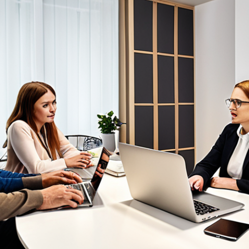 **Image of a focus group discussion in Warsaw:**  Several people of varying ages are seated around a table in a modern office space, engaged in a lively discussion about a new cosmetic product. The atmosphere is friendly and collaborative, with laptops and tablets scattered around.  Emphasize natural expressions and realistic lighting.